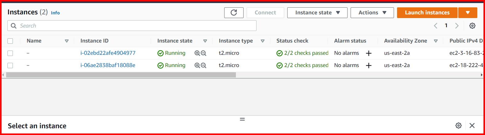 Picture showing the 2 Linux EC2 instances created in AWS console